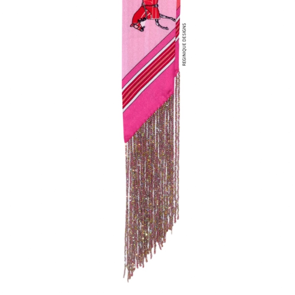 SeraBijoulet™ Handcrafted Silk Skinny Scarf with Beaded Fringe - Picture 2 of 7